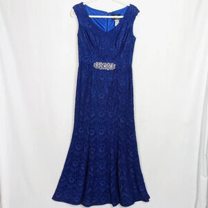 Alex Evening Gown Full Lace Jeweled  Embellished Gathered Waist Maxi Dress sz.8